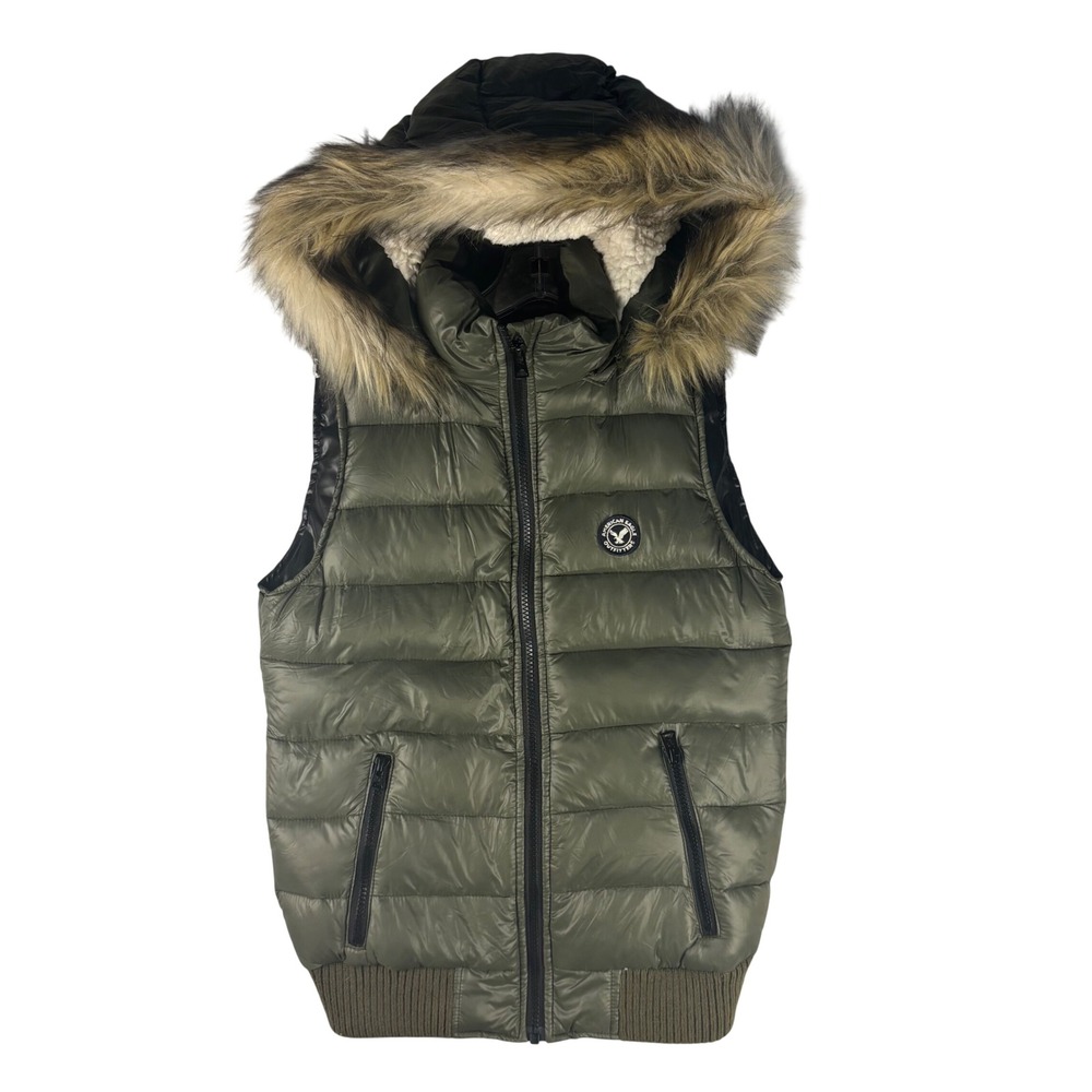 American Eagle Olive Green Puffer Vest Detachable Faux Fur Sherpa Hood Womens